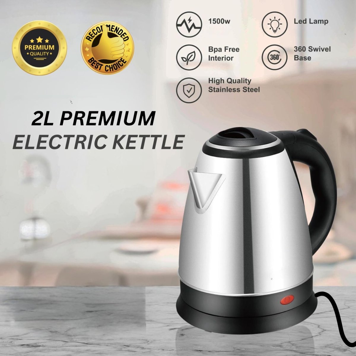 Stainless Steel Electric Kettle with 2 Litre Capacity 1500 Watts, Detachable 360 Degree Connector, Boiler for Water, Instant Noodles - #Royalkart#Electric kettle