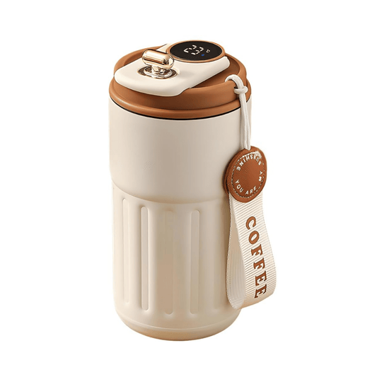 Stainless Steel Insulated Travel Coffee Mug with LED Temperature Display, Keeps Drinks Hot & Cold (Brown - 410ml) - #Royalkart#coffee mug for gym