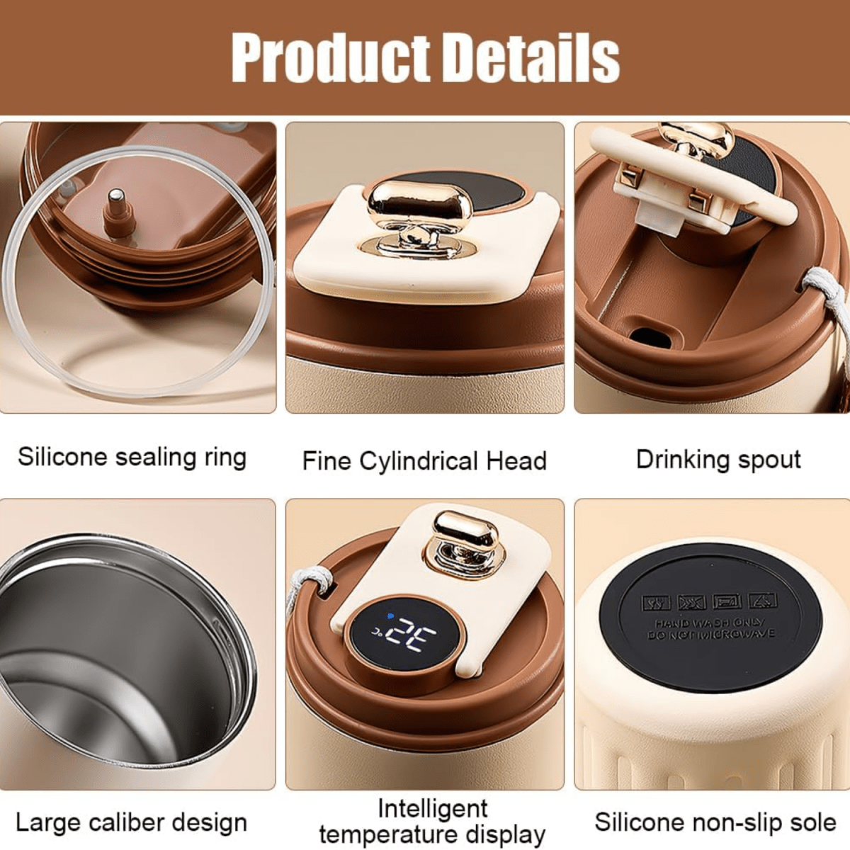 Stainless Steel Insulated Travel Coffee Mug with LED Temperature Display, Keeps Drinks Hot & Cold (Brown - 410ml) - #Royalkart#coffee mug for gym