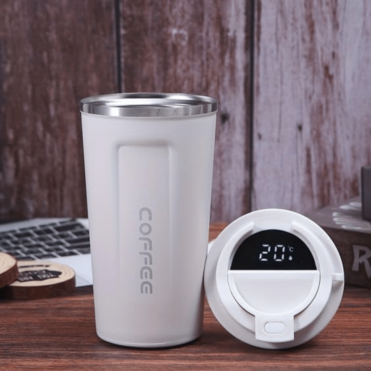 Stainless Steel Insulated Travel Coffee Mug with LED Temperature Display, Keeps Drinks Hot & Cold (White - 510ml) - #Royalkart#coffee mug for gym
