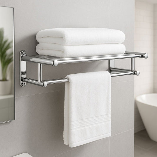 Stainless Steel Wall Mounted Towel Rack – Silver Polished Shelf for Bathroom & Kitchen - Royalkart
