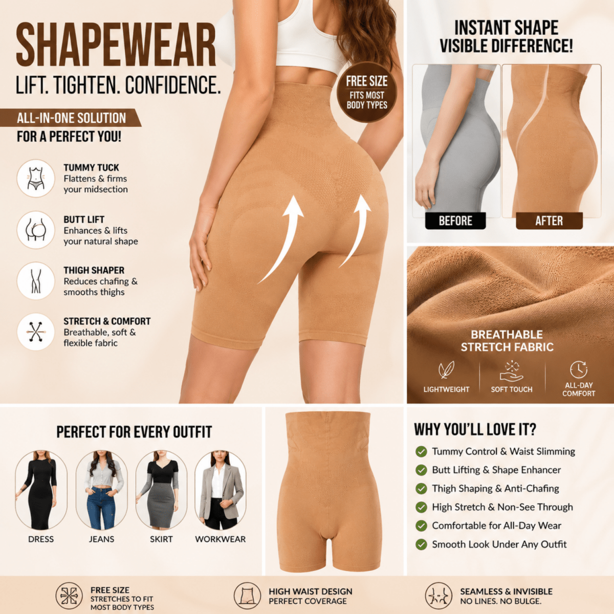 Women's High Waist Tummy Control Shapewear Shorts (Nude) Women's Clothing- #Royalkart#shapewear
