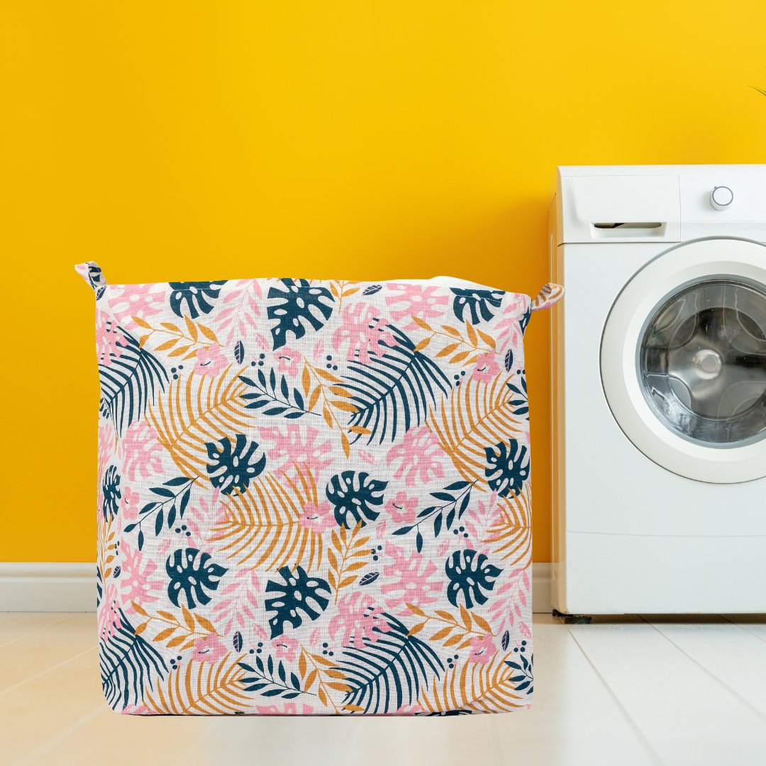 100L Square Storage Laundry Basket Blue Leaf Print (Pink) Laundry Bag- Royalkart - The Urban Store