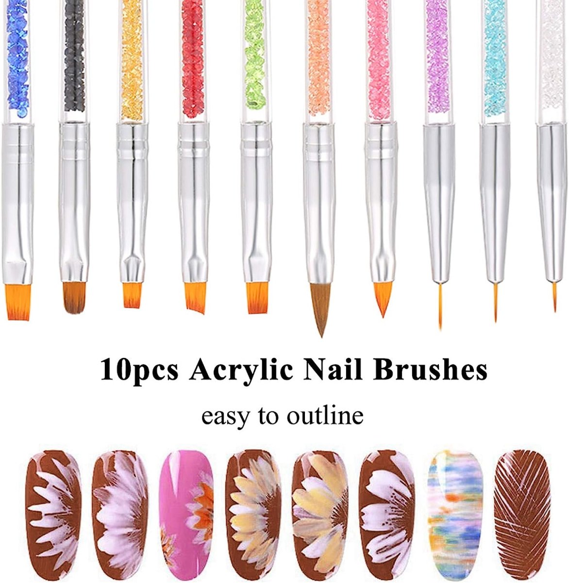 10pcs Acrylic Nail Brushes Professional Set With Rhinestone Handle Nail Brushes- Royalkart - The Urban Store